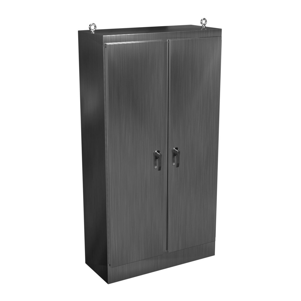HN4FS904820SS - Hammond enclosure, NEMA 3R/4X/12/13, 90 x 48 x 20in (HxWxD), freestanding, 304 stainless steel, #4 brush finish, double-door, 3-point 316 stainless steel padlocking handle.