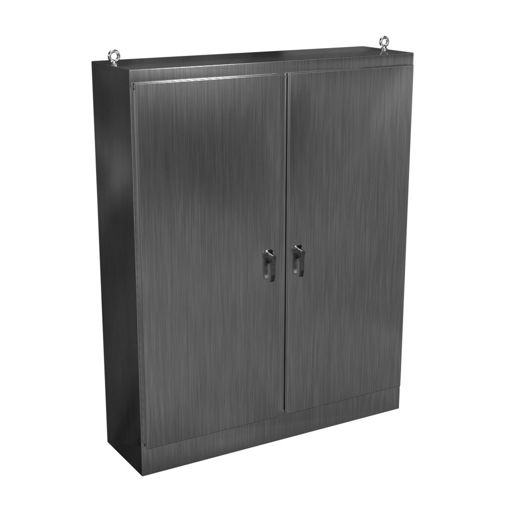 HN4FS907220SS - Hammond enclosure, NEMA 3R/4X/12/13, 90 x 72 x 20in (HxWxD), freestanding, 304 stainless steel, #4 brush finish, double-door, 3-point 316 stainless steel padlocking handle.