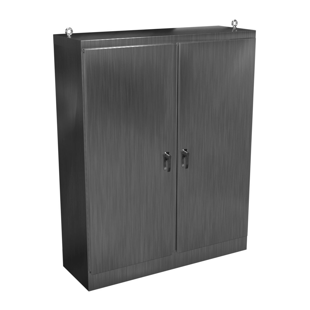 HN4FS907224DASS - Hammond enclosure, NEMA 3R/4X/12/13, 90 x 72 x 24in (HxWxD), freestanding, dual access, 304 stainless steel, #4 brush finish, double-door, 3-point 316 stainless steel padlocking handle.
