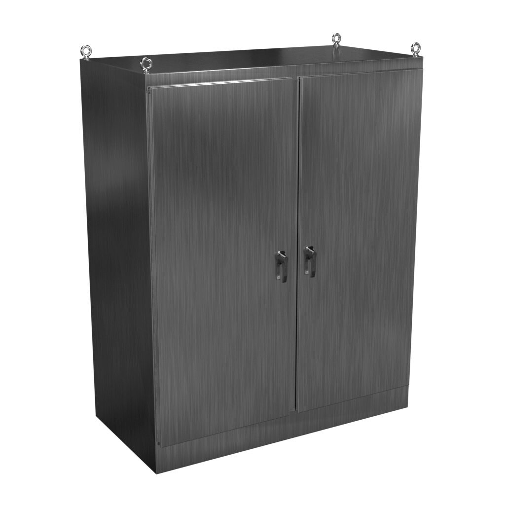 HN4FS907236SS - Hammond enclosure, NEMA 3R/4X/12/13, 90 x 72 x 36in (HxWxD), freestanding, 304 stainless steel, #4 brush finish, double-door, 3-point 316 stainless steel padlocking handle.