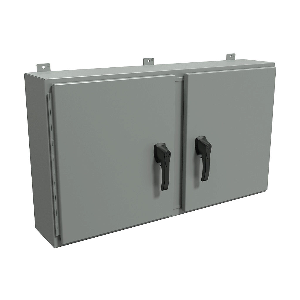 HN4WM24428GY - Hammond enclosure, NEMA 3R/4/12, 24 x 42 x 8in (HxWxD), wall mount, carbon steel, ANSI 61 gray, powder coat finish, 2-door, 3-point padlocking handle, handle hasp.