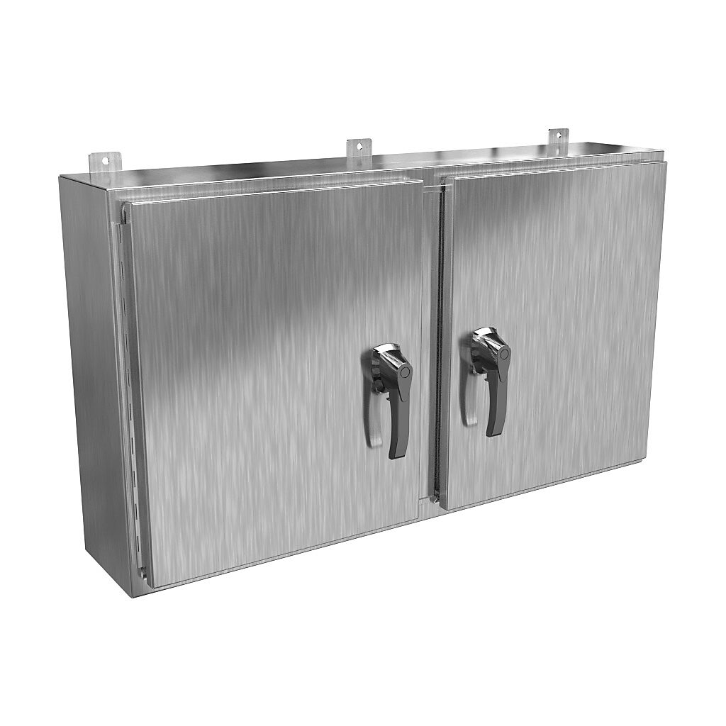 HN4WM24428S16 - Hammond enclosure, NEMA 3R/4X/12/13, 24 x 42 x 8in (HxWxD), wall mount, 316 stainless steel, #4 brush finish, 2-door, 3-point 316 stainless steel padlocking handle, handle hasp.
