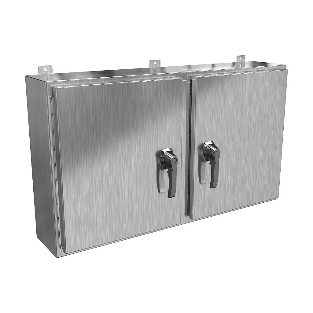 HN4WM24428SS - Hammond enclosure, NEMA 3R/4X/12/13, 24 x 42 x 8in (HxWxD), wall mount, 304 stainless steel, #4 brush finish, 2-door, 3-point 316 stainless steel padlocking handle, handle hasp.