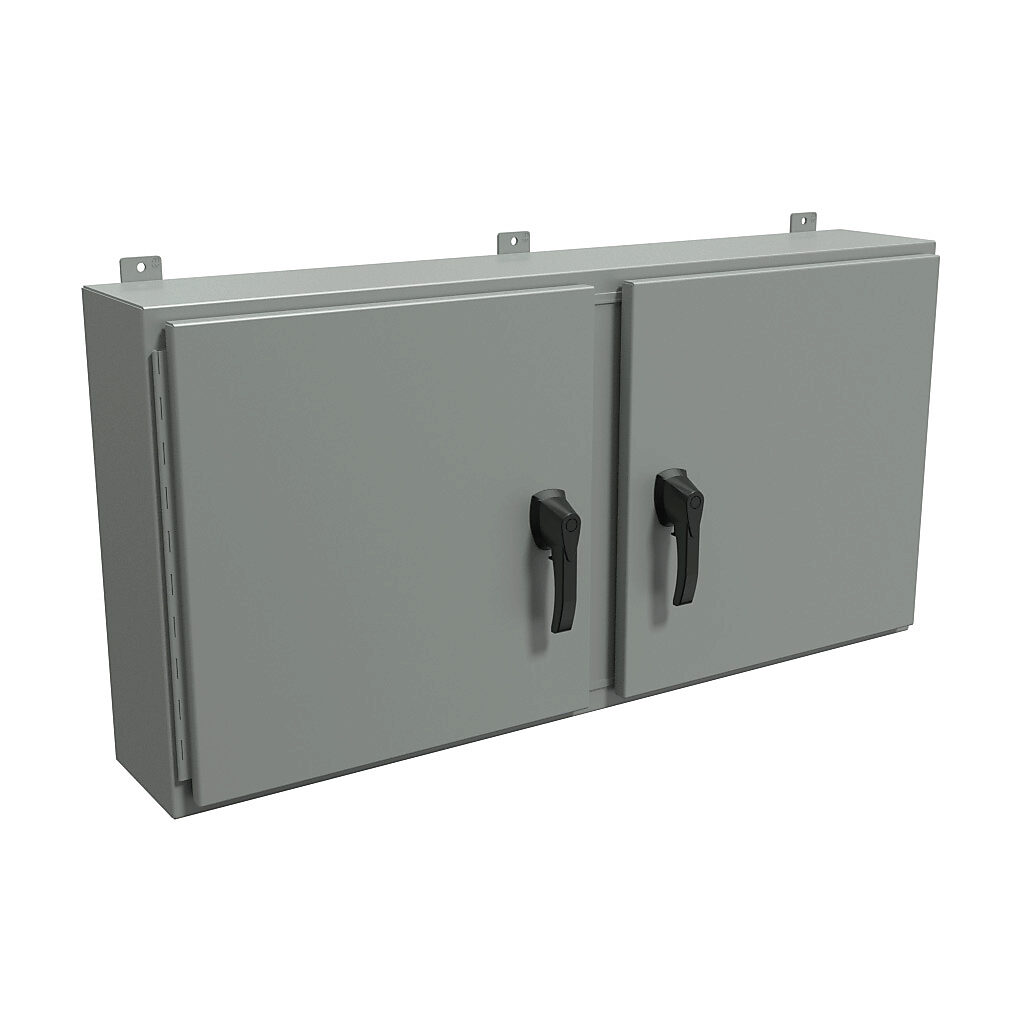 HN4WM24488GY - Hammond enclosure, NEMA 3R/4/12, 24 x 48 x 8in (HxWxD), wall mount, carbon steel, ANSI 61 gray, powder coat finish, 2-door, 3-point padlocking handle, handle hasp.