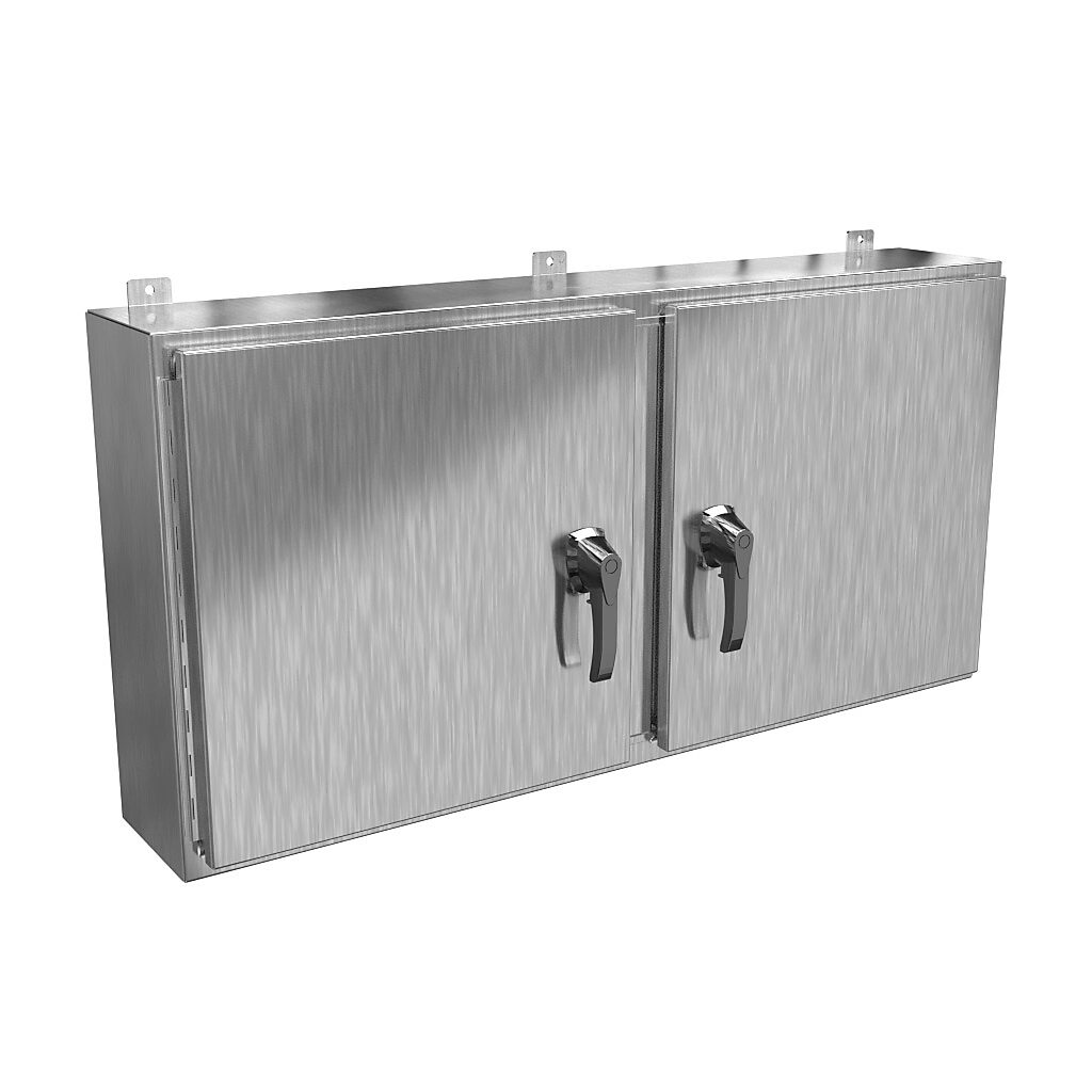 HN4WM24488S16 - Hammond enclosure, NEMA 3R/4X/12/13, 24 x 48 x 8in (HxWxD), wall mount, 316 stainless steel, #4 brush finish, 2-door, 3-point 316 stainless steel padlocking handle, handle hasp.