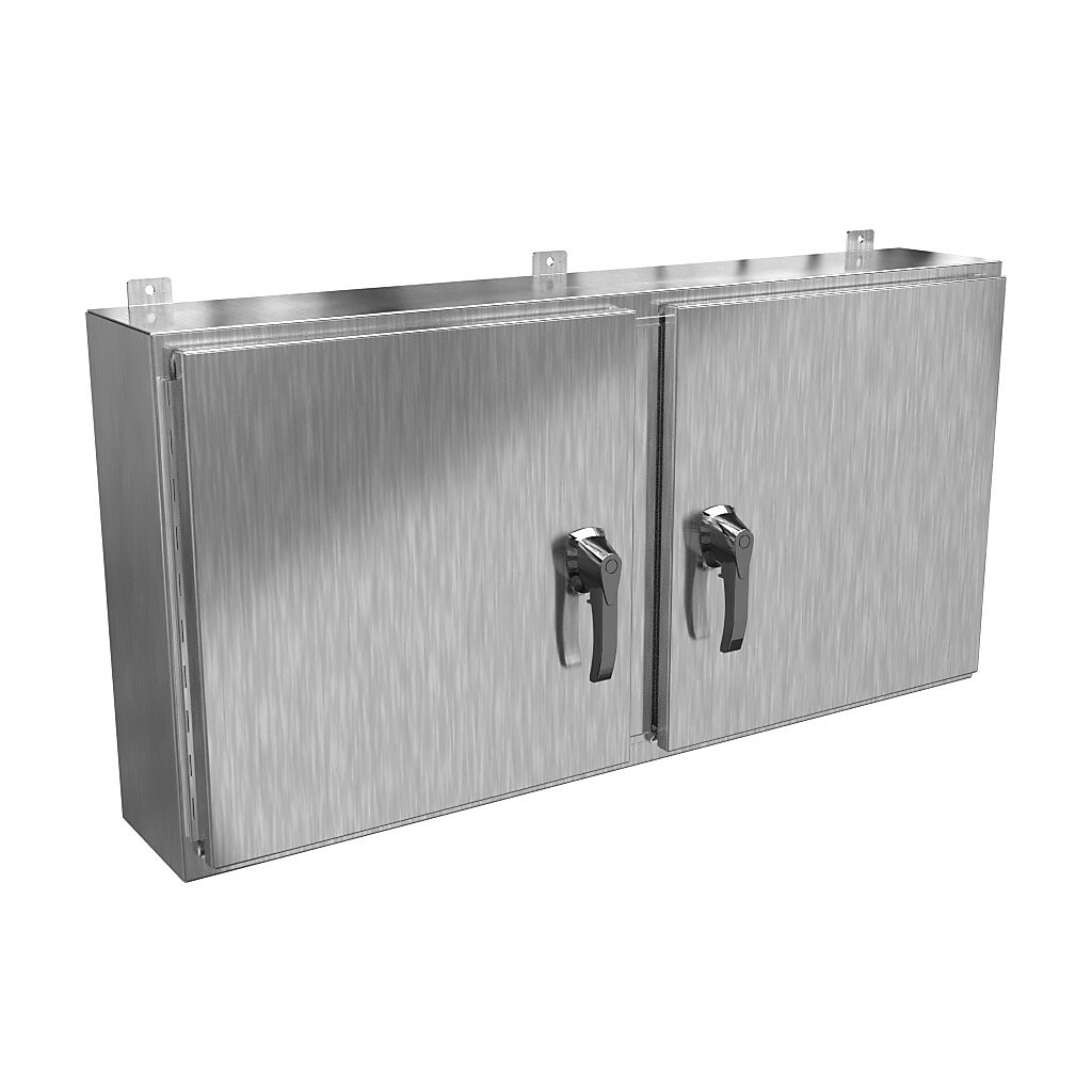 HN4WM24488SS - Hammond enclosure, NEMA 3R/4X/12/13, 24 x 48 x 8in (HxWxD), wall mount, 304 stainless steel, #4 brush finish, 2-door, 3-point 316 stainless steel padlocking handle, handle hasp.