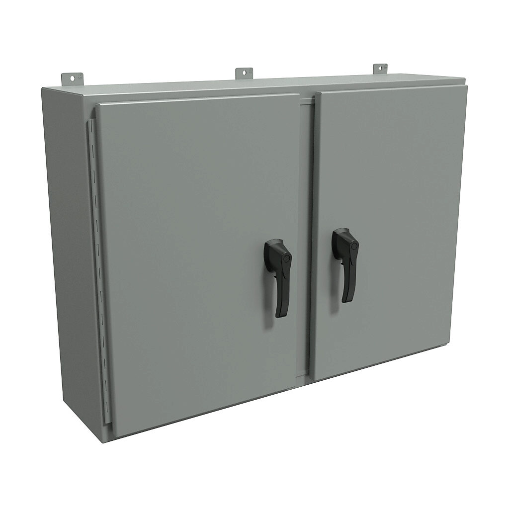 HN4WM304210GY - Hammond enclosure, NEMA 3R/4/12, 30 x 42 x 10in (HxWxD), wall mount, carbon steel, ANSI 61 gray, powder coat finish, 2-door, 3-point padlocking handle, handle hasp.