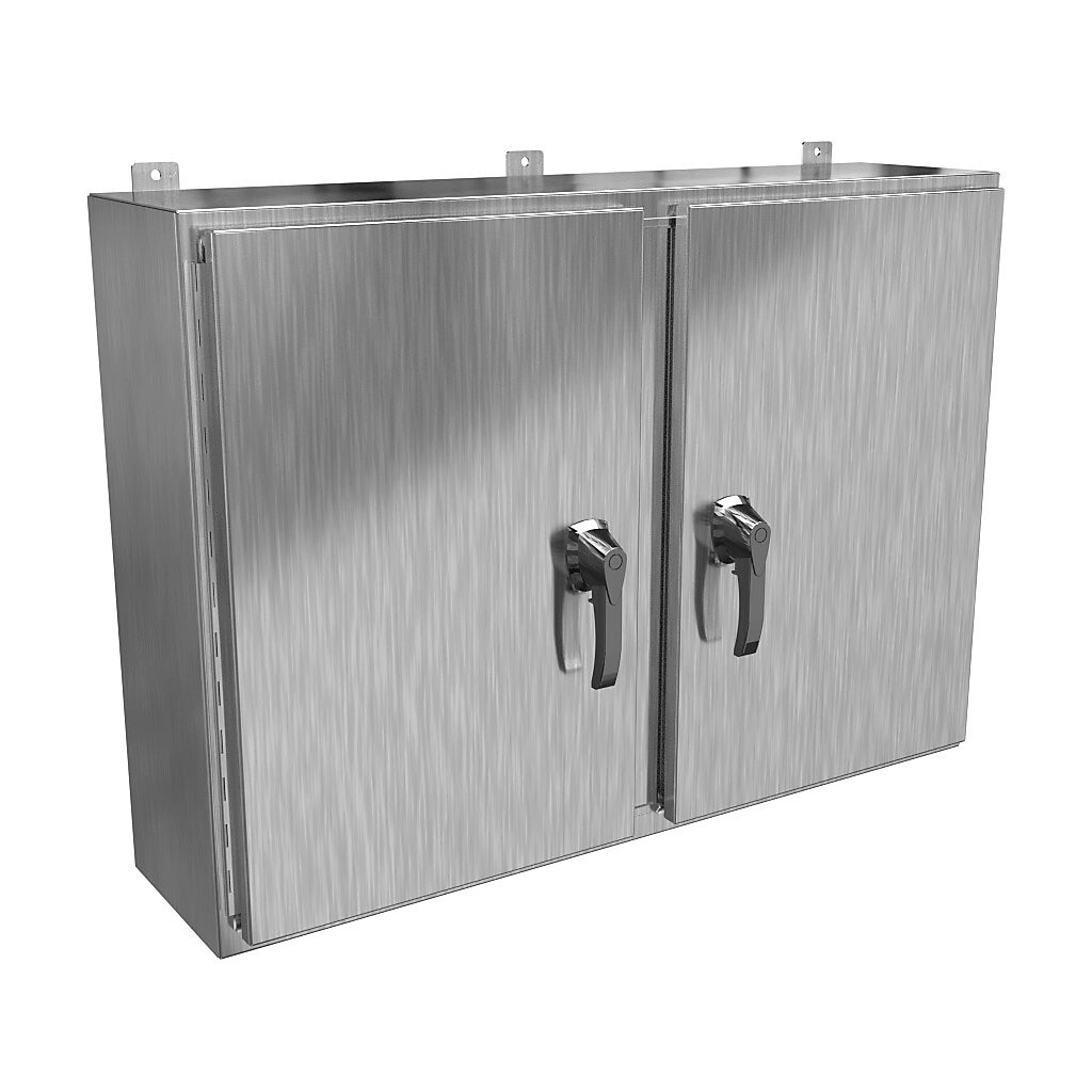 HN4WM304210S16 - Hammond enclosure, NEMA 3R/4X/12/13, 30 x 42 x 10in (HxWxD), wall mount, 316 stainless steel, #4 brush finish, 2-door, 3-point 316 stainless steel padlocking handle, handle hasp.