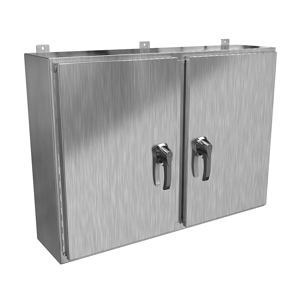 HN4WM304210SS - Hammond enclosure, NEMA 3R/4X/12/13, 30 x 42 x 10in (HxWxD), wall mount, 304 stainless steel, #4 brush finish, 2-door, 3-point 316 stainless steel padlocking handle, handle hasp.