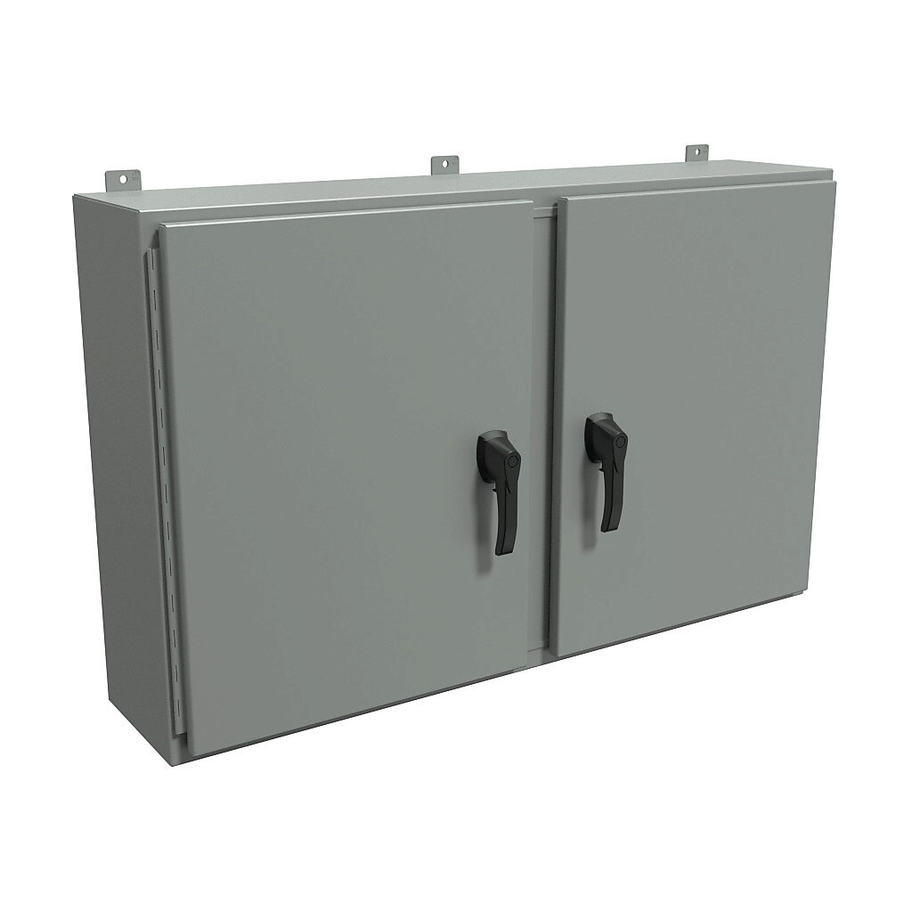 HN4WM304810GY - Hammond enclosure, NEMA 3R/4/12, 30 x 48 x 10in (HxWxD), wall mount, carbon steel, ANSI 61 gray, powder coat finish, 2-door, 3-point padlocking handle, handle hasp.