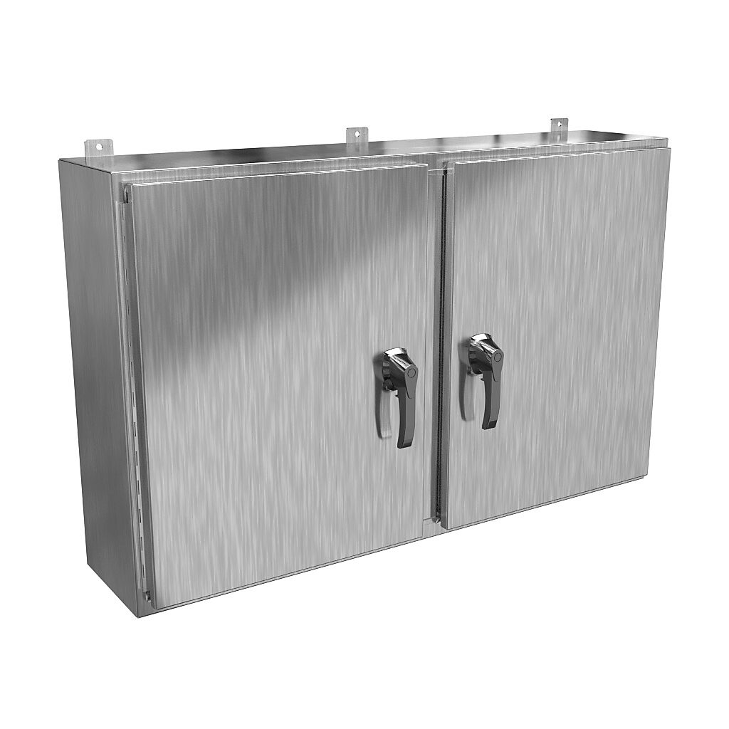 HN4WM304810S16 - Hammond enclosure, NEMA 3R/4X/12/13, 30 x 48 x 10in (HxWxD), wall mount, 316 stainless steel, #4 brush finish, 2-door, 3-point 316 stainless steel padlocking handle, handle hasp.