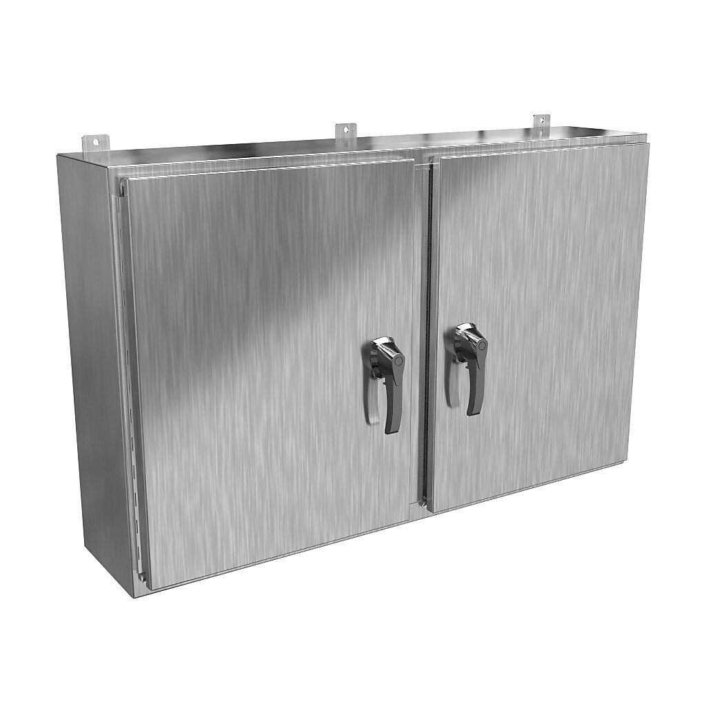 HN4WM304810SS - Hammond enclosure, NEMA 3R/4X/12/13, 30 x 48 x 10in (HxWxD), wall mount, 304 stainless steel, #4 brush finish, 2-door, 3-point 316 stainless steel padlocking handle, handle hasp.