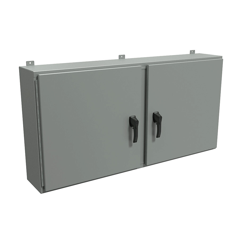 HN4WM306010GY - Hammond enclosure, NEMA 3R/4/12, 30 x 60 x 10in (HxWxD), wall mount, carbon steel, ANSI 61 gray, powder coat finish, 2-door, 3-point padlocking handle, handle hasp.