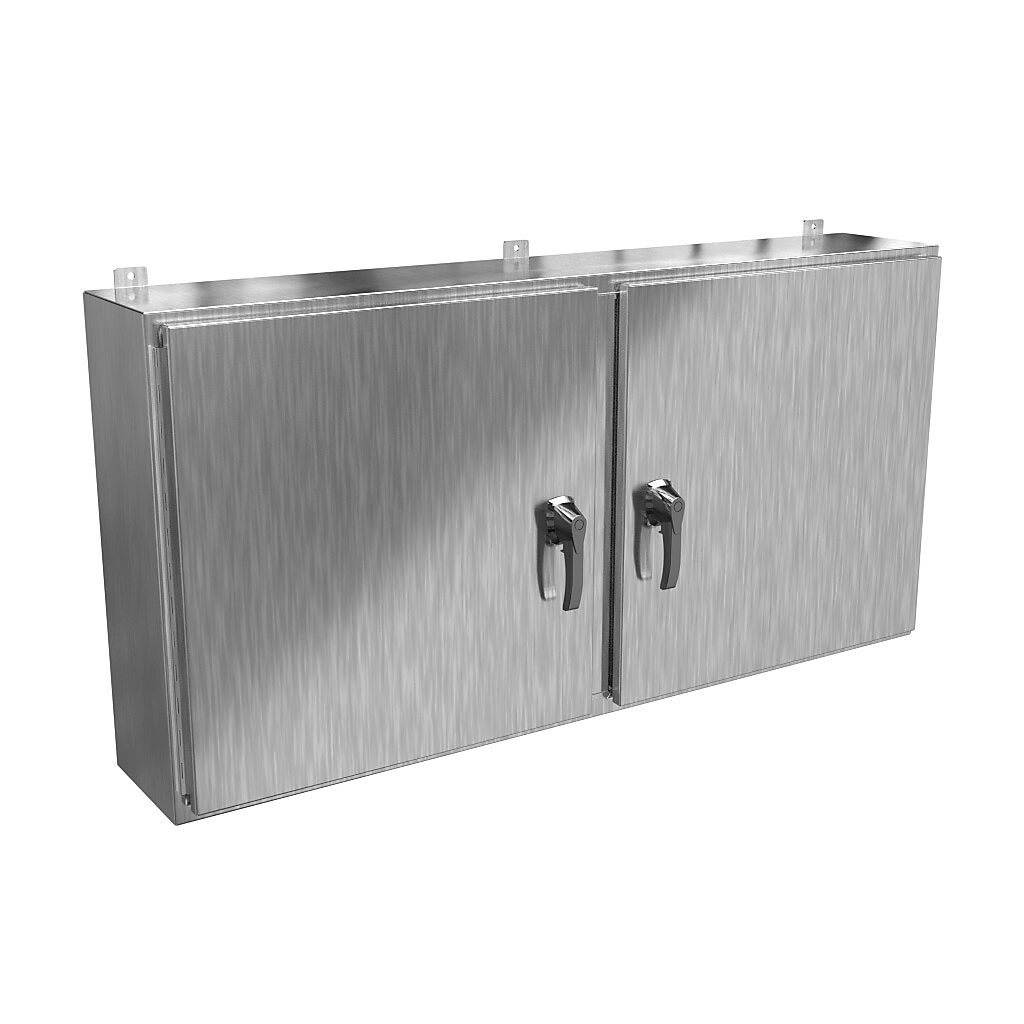 HN4WM306010S16 - Hammond enclosure, NEMA 3R/4X/12/13, 30 x 60 x 10in (HxWxD), wall mount, 316 stainless steel, #4 brush finish, 2-door, 3-point 316 stainless steel padlocking handle, handle hasp.
