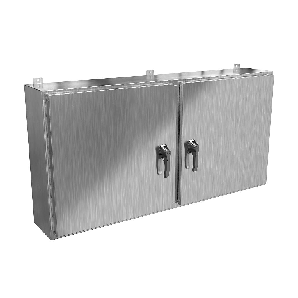 HN4WM306010SS - Hammond enclosure, NEMA 3R/4X/12/13, 30 x 60 x 10in (HxWxD), wall mount, 304 stainless steel, #4 brush finish, 2-door, 3-point 316 stainless steel padlocking handle, handle hasp.