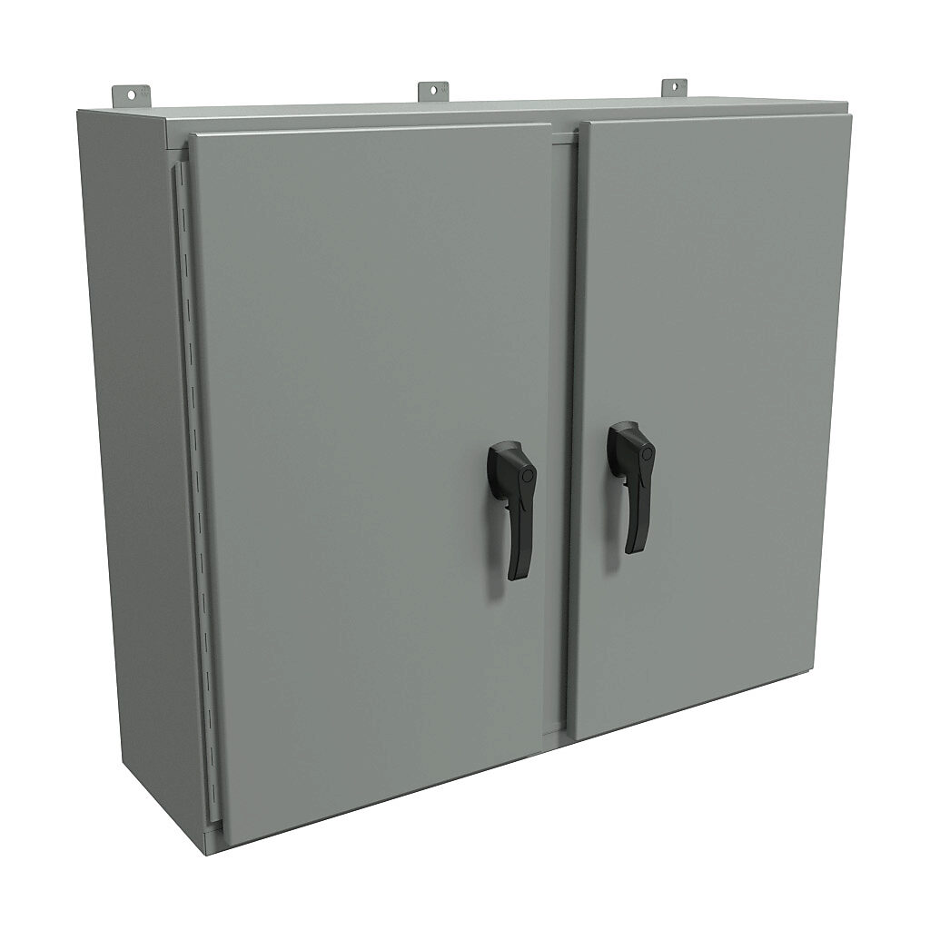 HN4WM364212GY - Hammond enclosure, NEMA 3R/4/12, 36 x 42 x 12in (HxWxD), wall mount, carbon steel, ANSI 61 gray, powder coat finish, 2-door, 3-point padlocking handle, handle hasp.