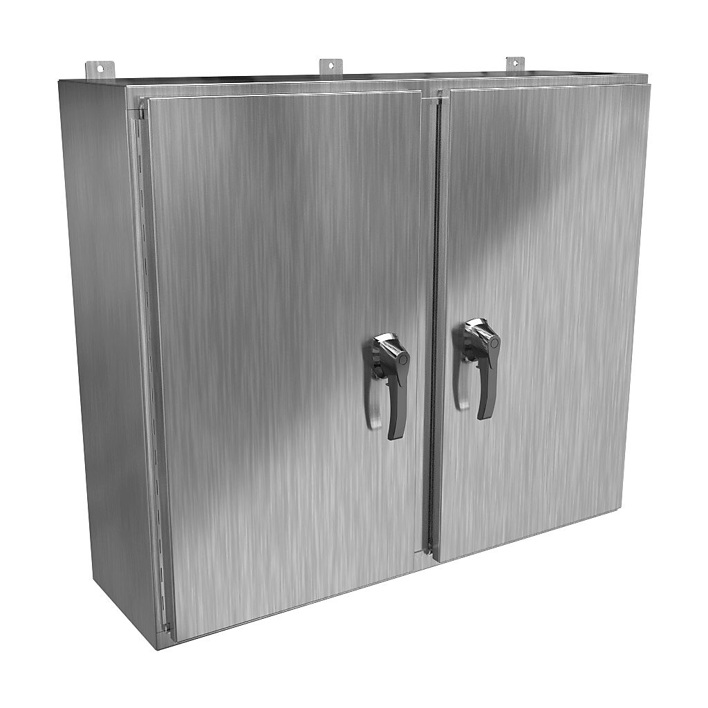 HN4WM364212S16 - Hammond enclosure, NEMA 3R/4X/12/13, 36 x 42 x 12in (HxWxD), wall mount, 316 stainless steel, #4 brush finish, 2-door, 3-point 316 stainless steel padlocking handle, handle hasp.