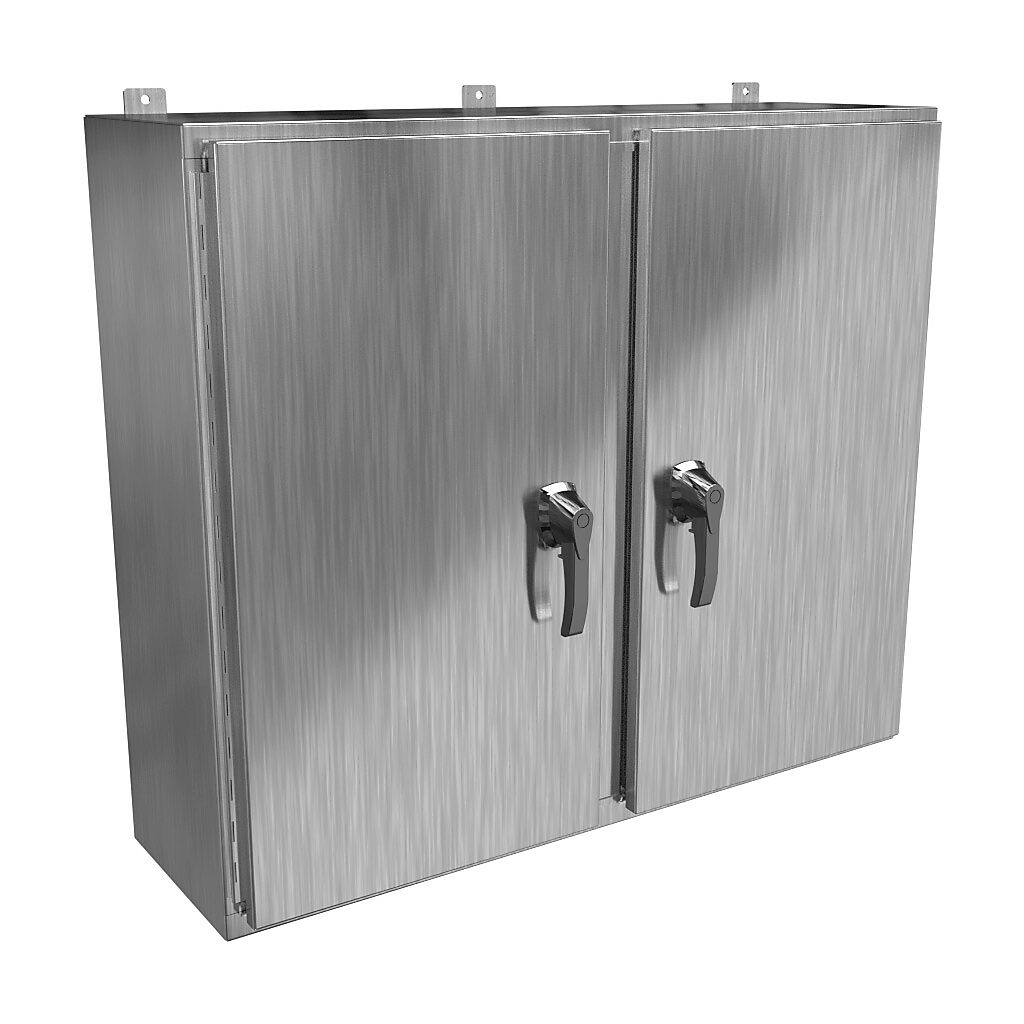 HN4WM364212SS - Hammond enclosure, NEMA 3R/4X/12/13, 36 x 42 x 12in (HxWxD), wall mount, 304 stainless steel, #4 brush finish, 2-door, 3-point 316 stainless steel padlocking handle, handle hasp.