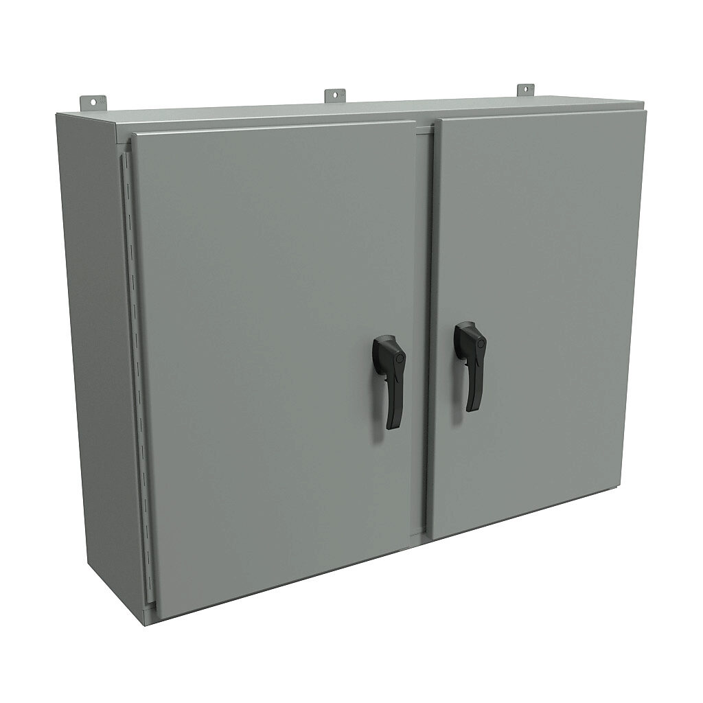 HN4WM364812GY - Hammond enclosure, NEMA 3R/4/12, 36 x 48 x 12in (HxWxD), wall mount, carbon steel, ANSI 61 gray, powder coat finish, 2-door, 3-point padlocking handle, handle hasp.