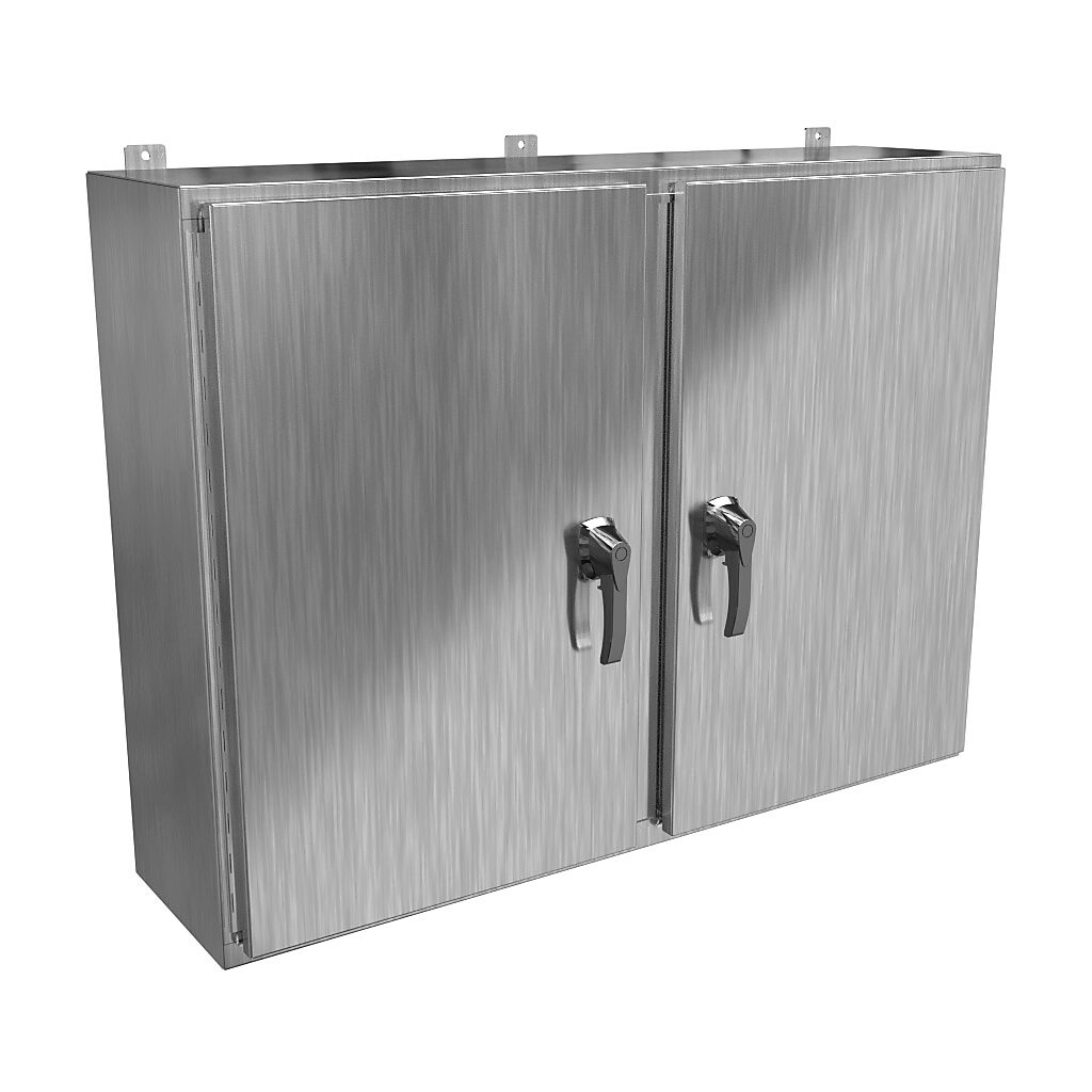 HN4WM364812S16 - Hammond enclosure, NEMA 3R/4X/12/13, 36 x 48 x 12in (HxWxD), wall mount, 316 stainless steel, #4 brush finish, 2-door, 3-point 316 stainless steel padlocking handle, handle hasp.