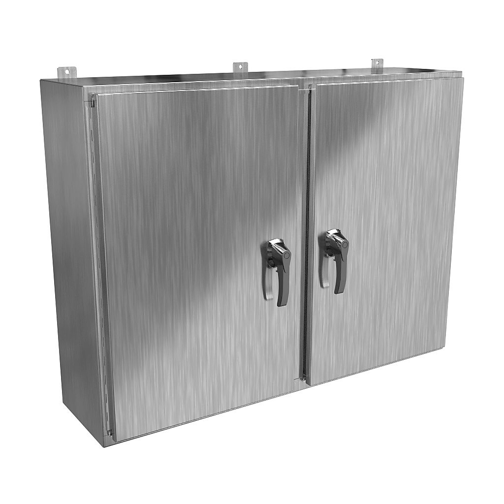 HN4WM364812SS - Hammond enclosure, NEMA 3R/4X/12/13, 36 x 48 x 12in (HxWxD), wall mount, 304 stainless steel, #4 brush finish, 2-door, 3-point 316 stainless steel padlocking handle, handle hasp.