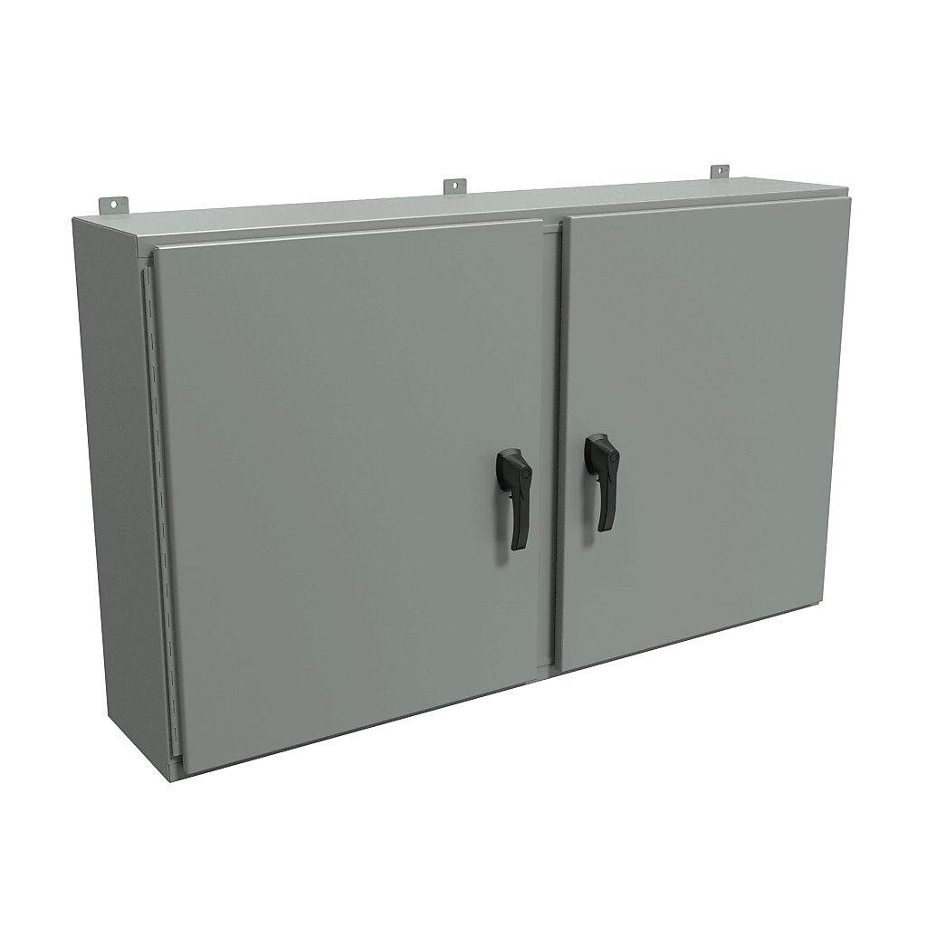 HN4WM366012GY - Hammond enclosure, NEMA 3R/4/12, 36 x 60 x 12in (HxWxD), wall mount, carbon steel, ANSI 61 gray, powder coat finish, 2-door, 3-point padlocking handle, handle hasp.