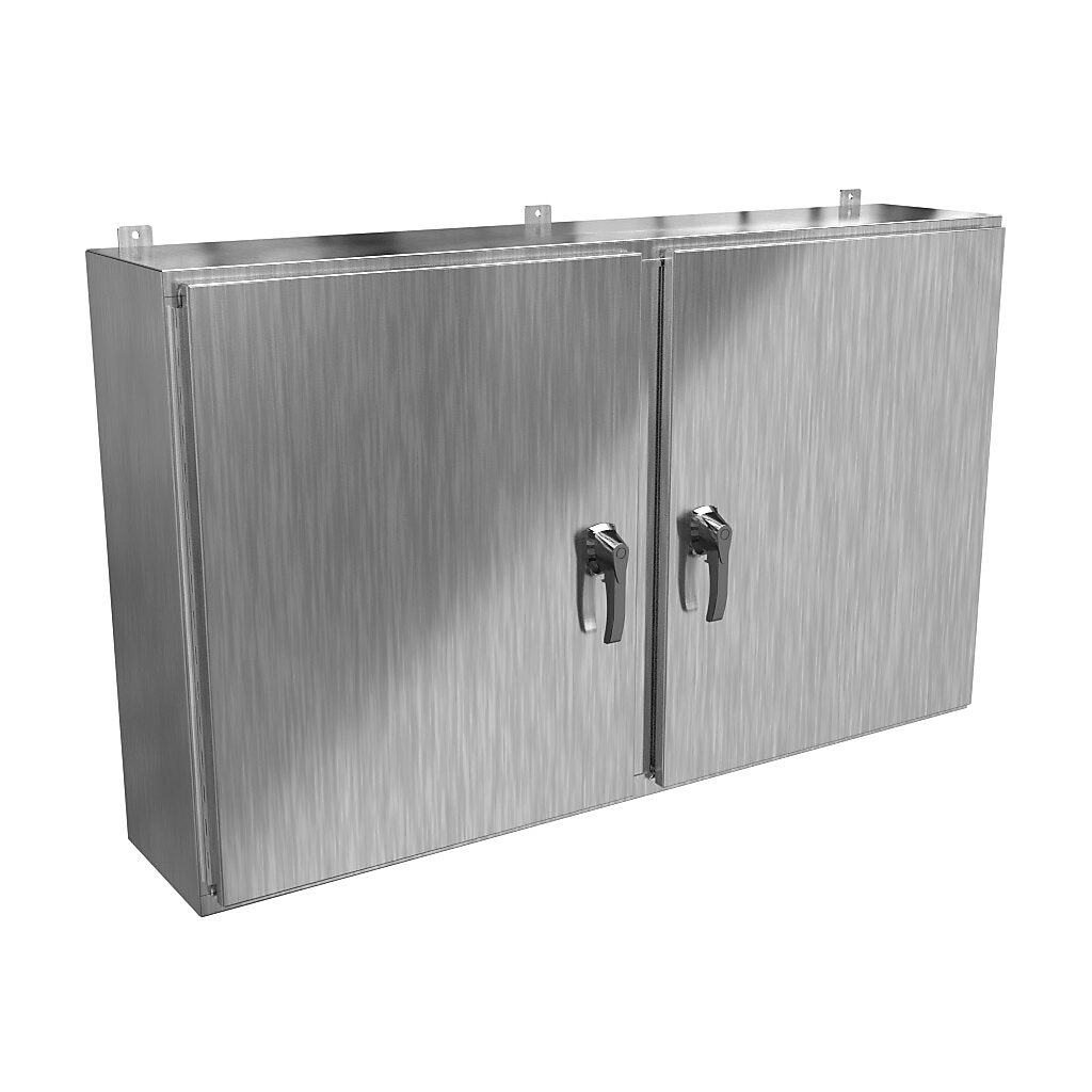 HN4WM366012S16 - Hammond enclosure, NEMA 3R/4X/12/13, 36 x 60 x 12in (HxWxD), wall mount, 316 stainless steel, #4 brush finish, 2-door, 3-point 316 stainless steel padlocking handle, handle hasp.