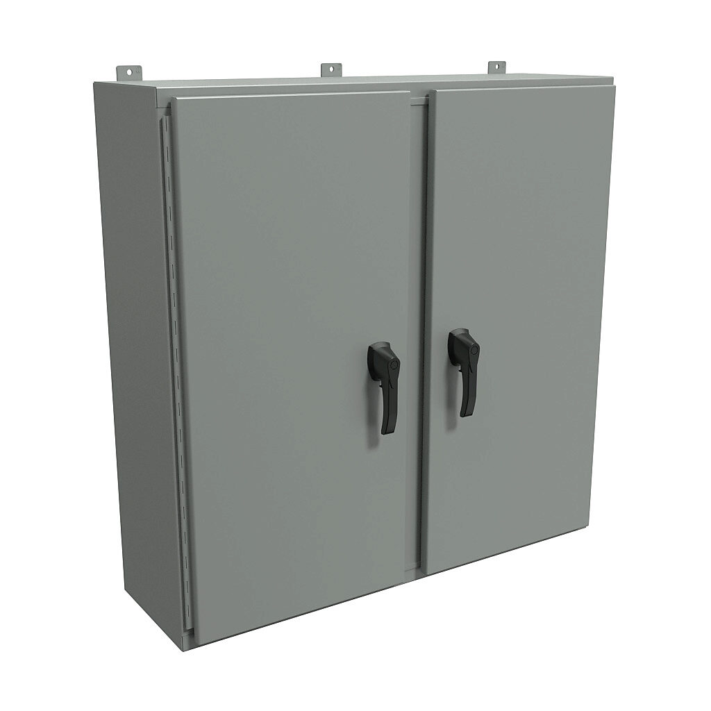 HN4WM424212GY - Hammond enclosure, NEMA 3R/4/12, 42 x 42 x 12in (HxWxD), wall mount, carbon steel, ANSI 61 gray, powder coat finish, 2-door, 3-point padlocking handle, handle hasp.