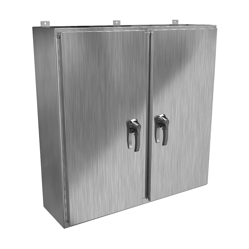 HN4WM424212S16 - Hammond enclosure, NEMA 3R/4X/12/13, 42 x 42 x 12in (HxWxD), wall mount, 316 stainless steel, #4 brush finish, 2-door, 3-point 316 stainless steel padlocking handle, handle hasp.