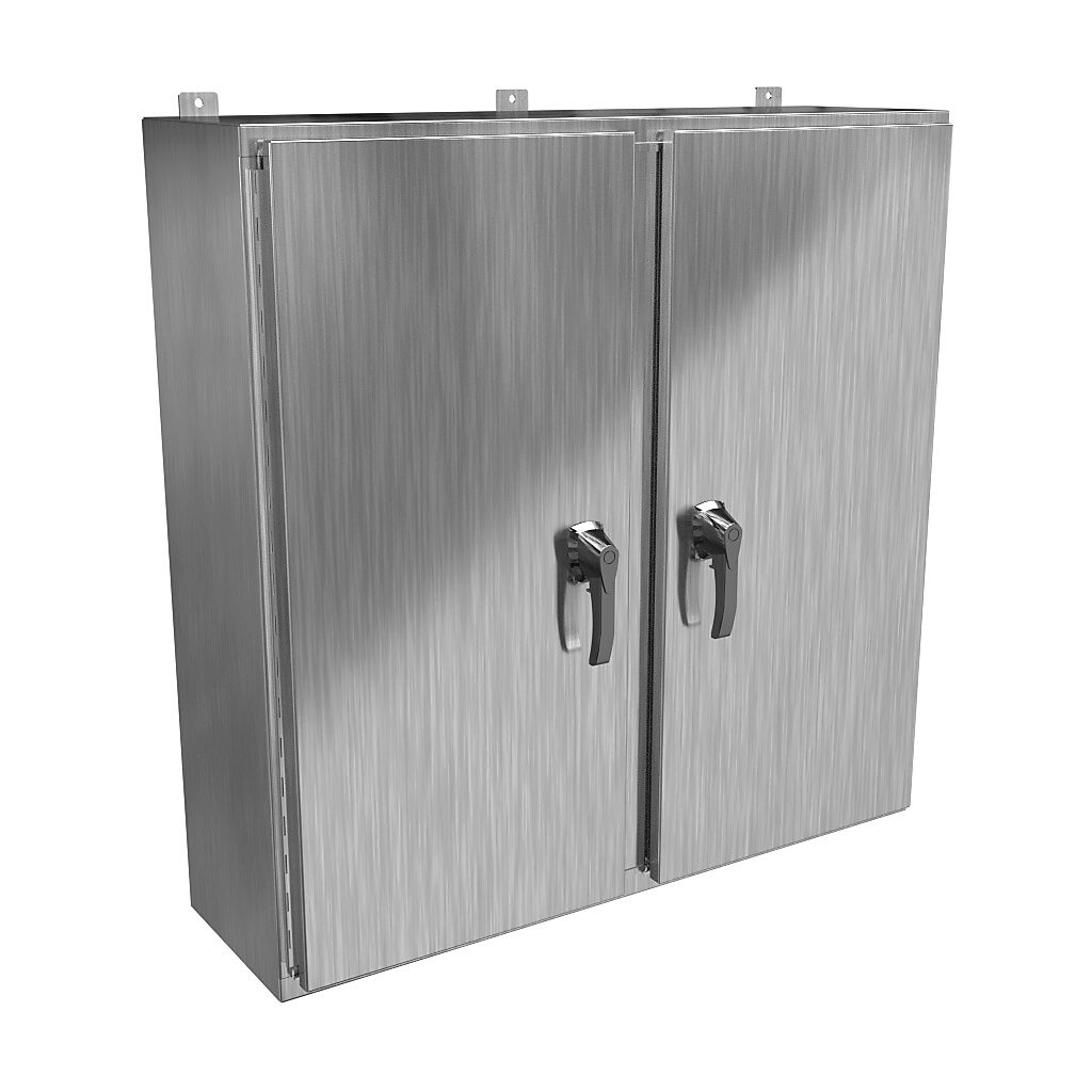 HN4WM424212SS - Hammond enclosure, NEMA 3R/4X/12/13, 42 x 42 x 12in (HxWxD), wall mount, 304 stainless steel, #4 brush finish, 2-door, 3-point 316 stainless steel padlocking handle, handle hasp.