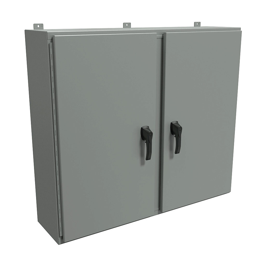 HN4WM424812GY - Hammond enclosure, NEMA 3R/4/12, 42 x 48 x 12in (HxWxD), wall mount, carbon steel, ANSI 61 gray, powder coat finish, 2-door, 3-point padlocking handle, handle hasp.