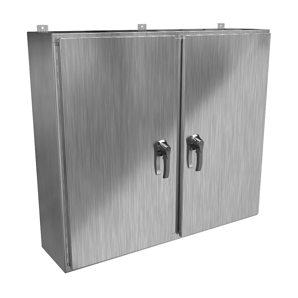 HN4WM424812SS - Hammond enclosure, NEMA 3R/4X/12/13, 42 x 48 x 12in (HxWxD), wall mount, 304 stainless steel, #4 brush finish, 2-door, 3-point 316 stainless steel padlocking handle, handle hasp.