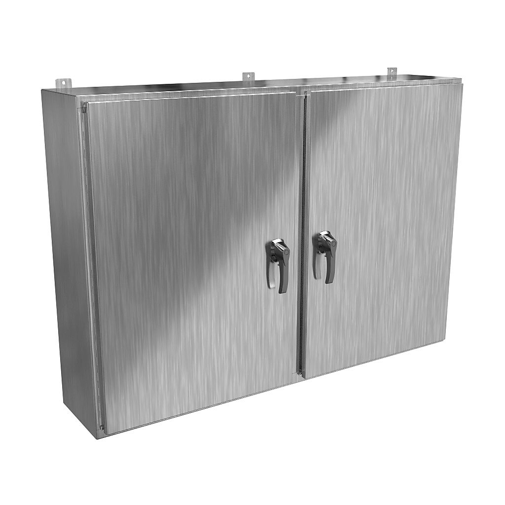 HN4WM426012S16 - Hammond enclosure, NEMA 3R/4X/12/13, 42 x 60 x 12in (HxWxD), wall mount, 316 stainless steel, #4 brush finish, 2-door, 3-point 316 stainless steel padlocking handle, handle hasp.
