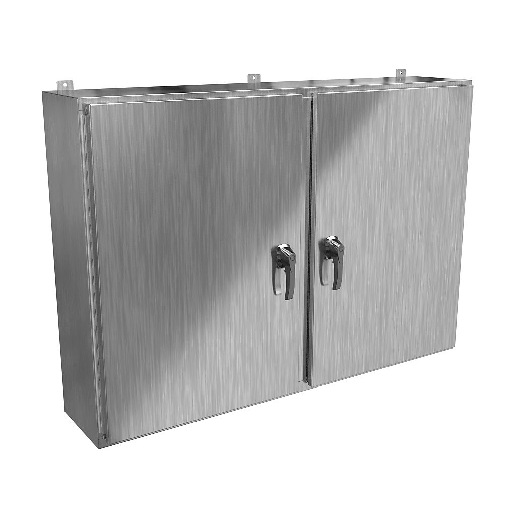 HN4WM426012SS - Hammond enclosure, NEMA 3R/4X/12/13, 42 x 60 x 12in (HxWxD), wall mount, 304 stainless steel, #4 brush finish, 2-door, 3-point 316 stainless steel padlocking handle, handle hasp.