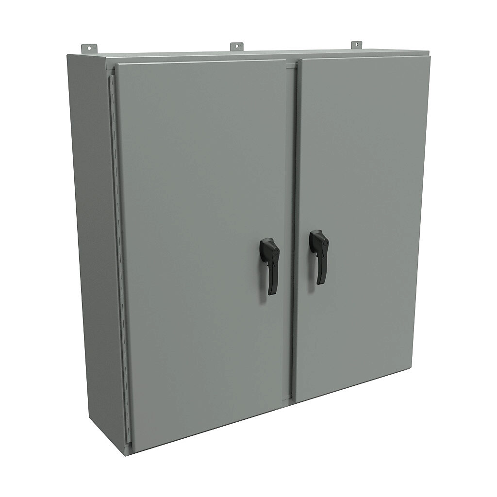 HN4WM484812GY - Hammond enclosure, NEMA 3R/4/12, 48 x 48 x 12in (HxWxD), wall mount, carbon steel, ANSI 61 gray, powder coat finish, 2-door, 3-point padlocking handle, handle hasp.