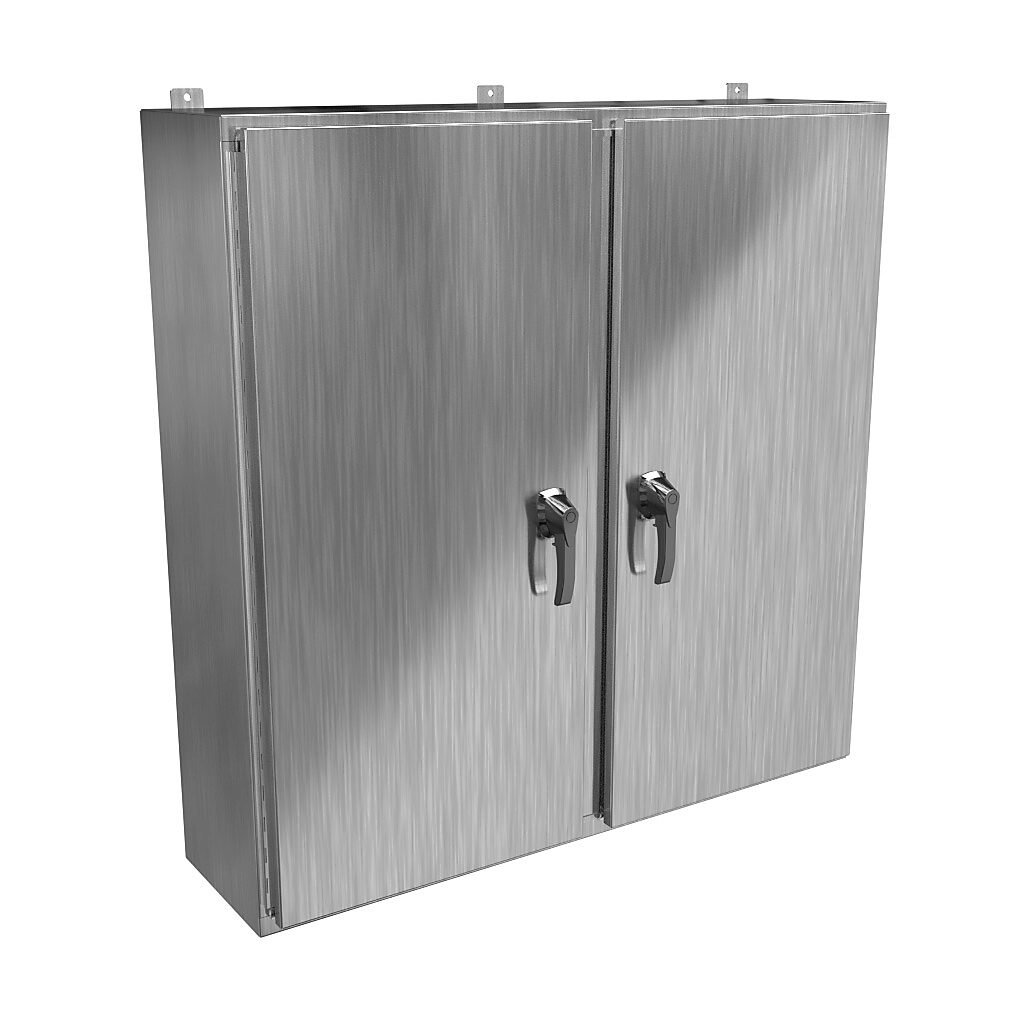 HN4WM484812S16 - Hammond enclosure, NEMA 3R/4X/12/13, 48 x 48 x 12in (HxWxD), wall mount, 316 stainless steel, #4 brush finish, 2-door, 3-point 316 stainless steel padlocking handle, handle hasp.