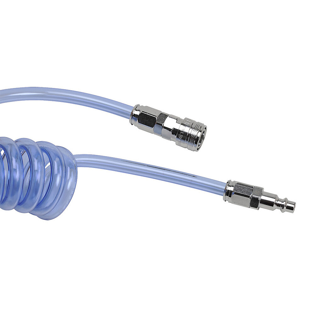 HP14C10CBL-QC - NITRA pneumatic coiled hose, polyurethane, clear blue, 1/4in inside diameter, 0.375in outside diameter, 1/4in chrome-plated steel quick-disconnect fittings, 8ft working length.
