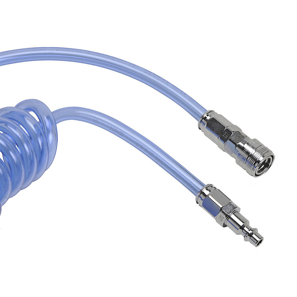 HP14C20CBL-QC - NITRA pneumatic coiled hose, polyurethane, clear blue, 1/4in inside diameter, 0.375in outside diameter, 1/4in chrome-plated steel quick-disconnect fittings, 16ft working length.
