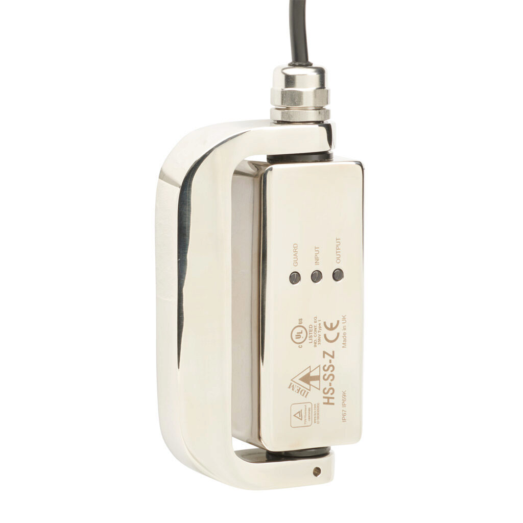 HS-SS-Z-LH-352005 - IDEM Z-Range safety switch, left hand door hinge interlock, (1) pair OSSD safety output(s), (1) status monitoring output(s), 316 stainless steel housing, 120 x 66mm, pigtail, 32.8ft/10m cable length.