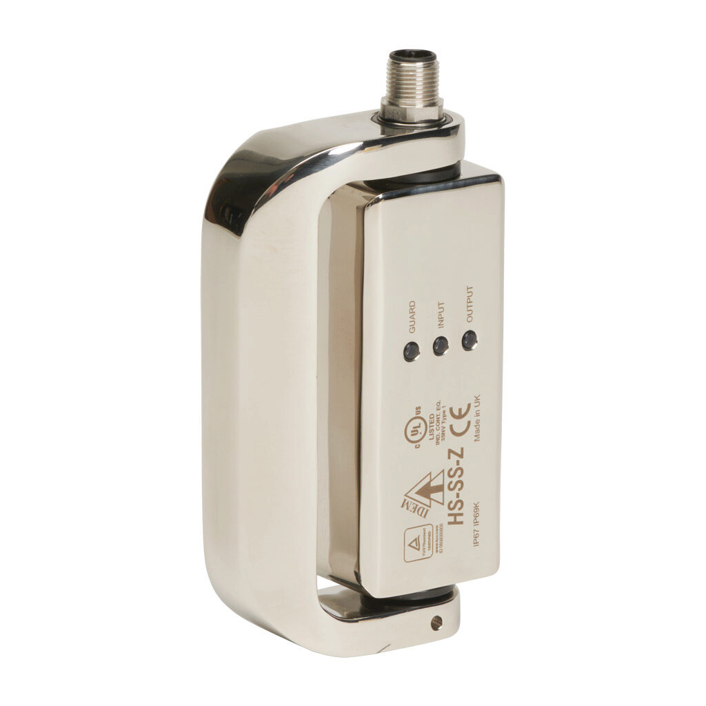 HS-SS-Z-LH-352006 - IDEM Z-Range safety switch, left hand door hinge interlock, (1) pair OSSD safety output(s), (1) status monitoring output(s), 316 stainless steel housing, 120 x 66mm, 8-pin M12 quick-disconnect, 9.8in/250mm cable length.