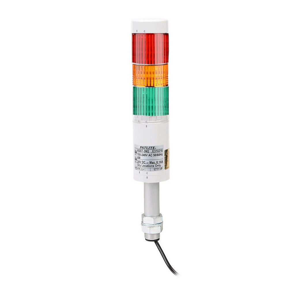 HSST-3M2-RYG - Patlite LED manual signal tower station kit, (3) tiers, 50mm diameter, red/amber/green, permanent light function, 100-240 VAC, clear lens, 271mm body length, off-white, 360 degree viewing angle, pole mount, IP20 and IP54.