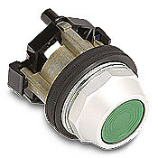 HT8AAGA - Eaton pushbutton, 30mm, momentary, (1) N.O. contact(s), metal base, metal bezel, Operator: green, flush, 28mm, round, plastic.