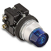 HT8GBBV7 - Eaton pushbutton, 30mm, momentary, incandescent illuminated, operator only, metal base, metal bezel, Operator: blue, extended, 28mm, round, plastic, 120 VAC/VDC, full voltage.