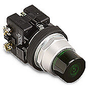 HT8GBGAV3 - Eaton pushbutton, 30mm, momentary, incandescent illuminated, (1) N.O. contact(s), metal base, metal bezel, Operator: green, extended, 28mm, round, plastic, 24 VAC/VDC, full voltage.