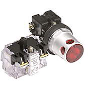 HT8GDRBV3 - Eaton pushbutton, 30mm, momentary, incandescent illuminated, (1) N.C. contact(s), metal base, metal bezel, guarded, Operator: red, flush, 28mm, round, plastic, 24 VAC/VDC, full voltage.