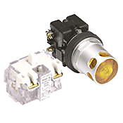 HT8GDYAV3 - Eaton pushbutton, 30mm, momentary, incandescent illuminated, (1) N.O. contact(s), metal base, metal bezel, guarded, Operator: yellow, flush, 28mm, round, plastic, 24 VAC/VDC, full voltage.