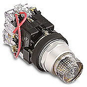 HT8GVCV7 - Eaton incandescent indicating light, permanent light function, 30mm, push-to-test, clear, 32mm, round, metal base, metal bezel, 120 VAC/VDC, full voltage.