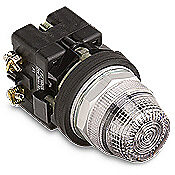 HT8HFCV7 - Eaton incandescent indicating light, permanent light function, 30mm, clear, 32mm, round, metal base, metal bezel, 120 VAC/VDC, full voltage.