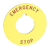 HT8RP79 - Eaton legend plate, plastic, round, yellow field, yellow background, red engraved text, legend plate marking "EMERGENCY STOP". For use with 30mm pilot devices.