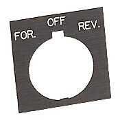 HT8SP50 - Eaton legend plate, plastic, square, black field, black background, white engraved text, legend plate marking "FOR. OFF REV.". For use with 30mm pilot devices.
